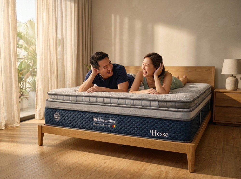 A couple laughing while testing the Musterring Hesse mattress